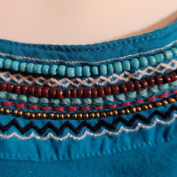 Crown & Ivy Turquoise Beaded Embroidered Blouse - Small Pom-Pom Hems Unique - Picture 5 of 9
